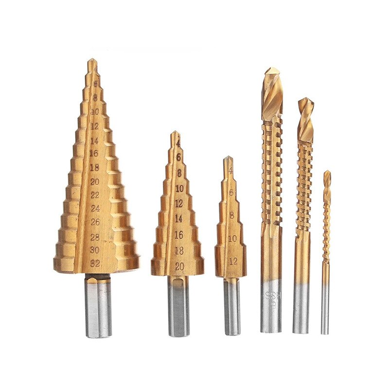 6pcs 4-12/4-20/4-32 mm HSS Straight Step Drill Bit Titanium Coated Wood Metal Hole Cutter Core Cone Drilling Tools Set Free 3mm