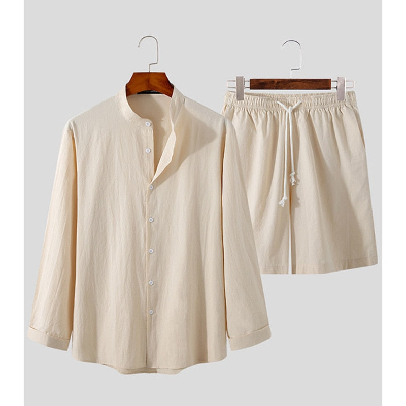 Simple Holiday Cotton Linen Shirt Shorts Set